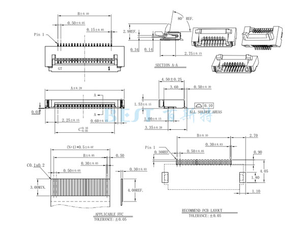 FPC連接器0.5K-DX-NPWB H=1.5參考圖紙 FPC連接器0.5K-DX-NPWB H=1.5參考圖紙